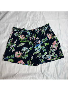 Women's Time and Tru Floral High Waist Shorts Black Pink Size XL